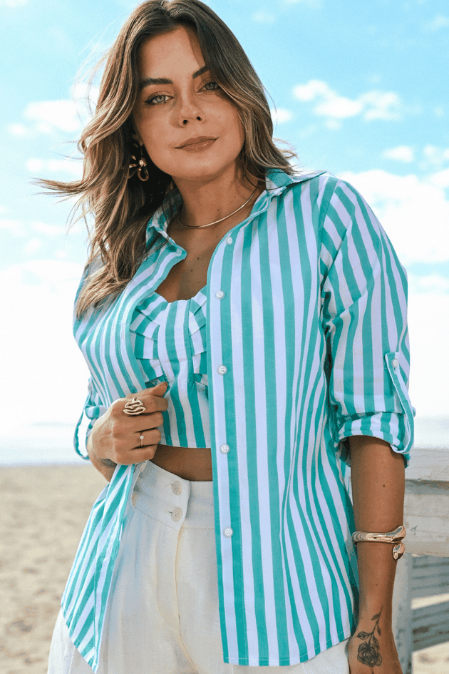 camisa listrada feminina shorts de linho rosa prosa plus size 3
